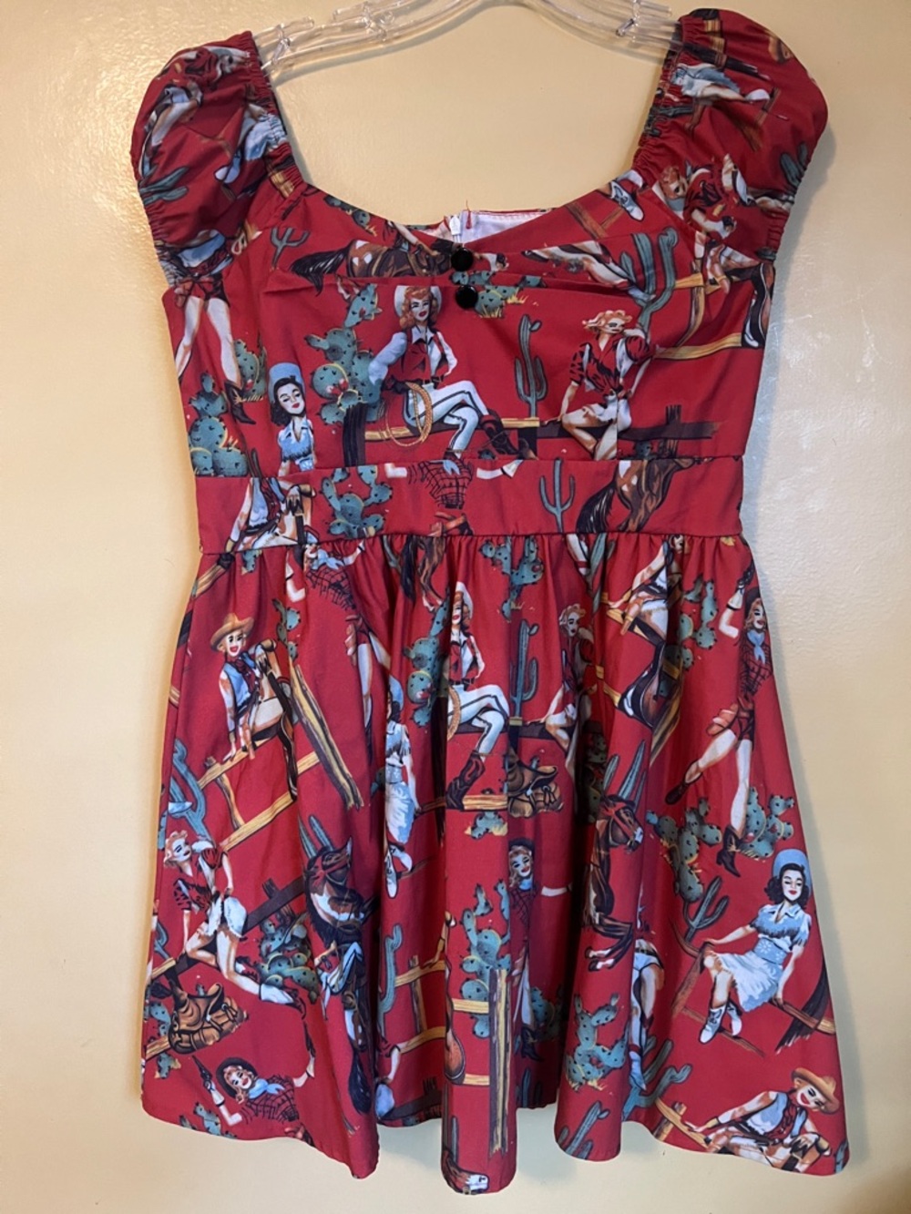 Red Western-Print Puff-Sleeve Casual Dress